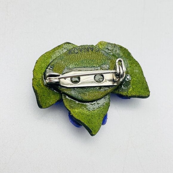 Vintage Blue Flower Brooch Green Leaves Hand Painted Clay Floral Pin Cottagecore - Picture 5 of 5